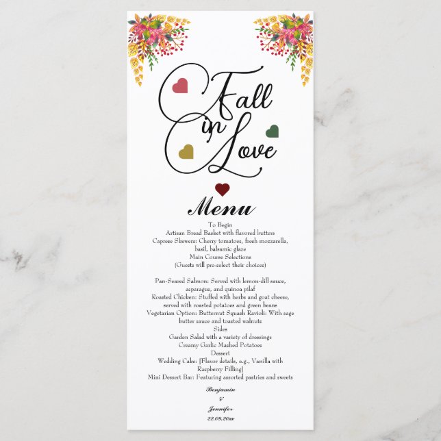 Fall in Love Script Wedding  Menükarte (Vorderseite)