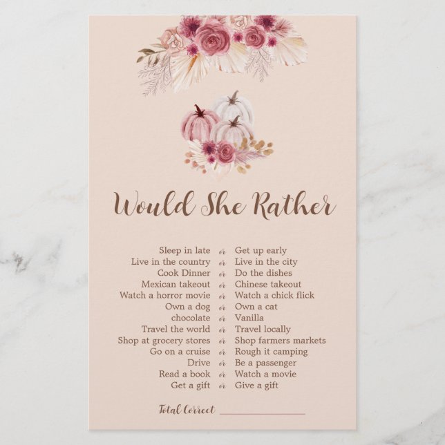 Fall In love Would She Rather Bridal Shower Game (Vorderseite)