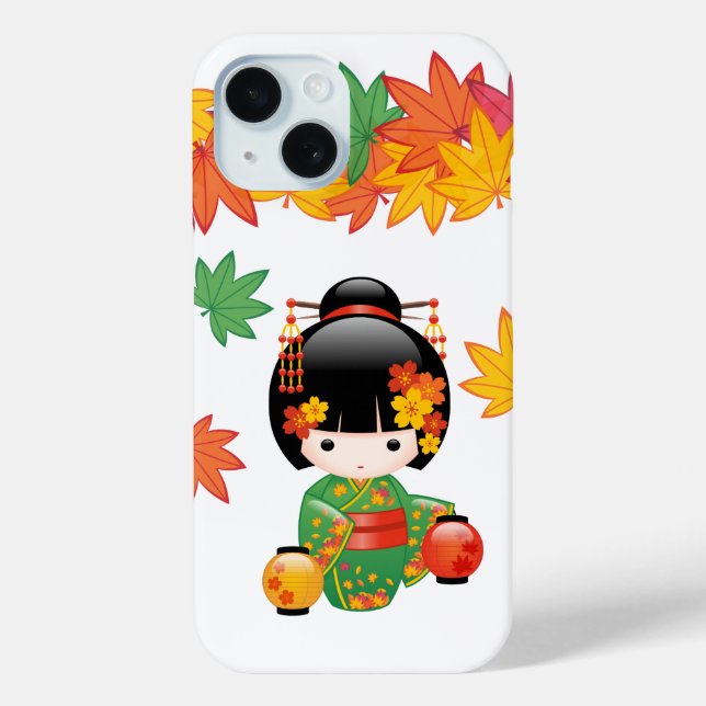 Fall Kokeshi Doll - Green Kimono Geisha Girl Case-Mate iPhone Hülle (Rückseite)