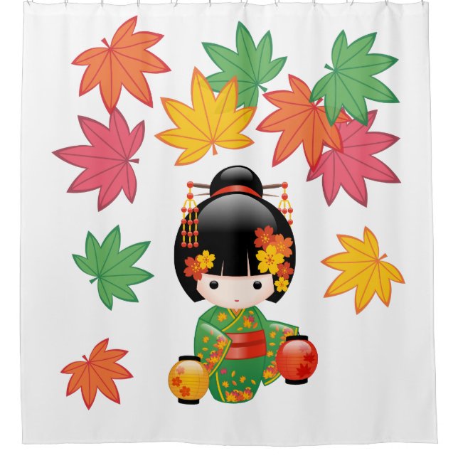Fall Kokeshi Doll Green Kimono Geisha Girl Duschvorhang (Vorderseite)