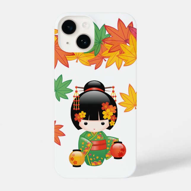 Fall Kokeshi Doll - Green Kimono Geisha Girl iPhone Hülle (Rückseite)