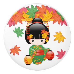Fall Kokeshi Doll - Green Kimono Geisha Girl Keramikknauf