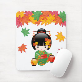 Fall Kokeshi Doll - Green Kimono Geisha Girl Mousepad