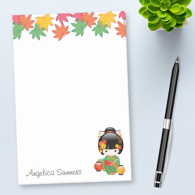 Fall Kokeshi Doll - Green Kimono Geisha Girl Post-it Klebezettel (Von Creator hochgeladen)