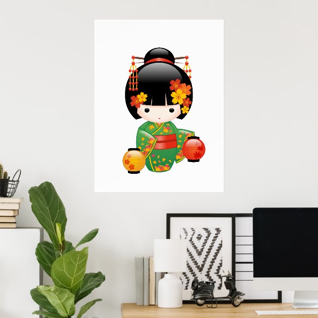 Fall Kokeshi Doll - Green Kimono Geisha Girl Poster (Heimbüro)
