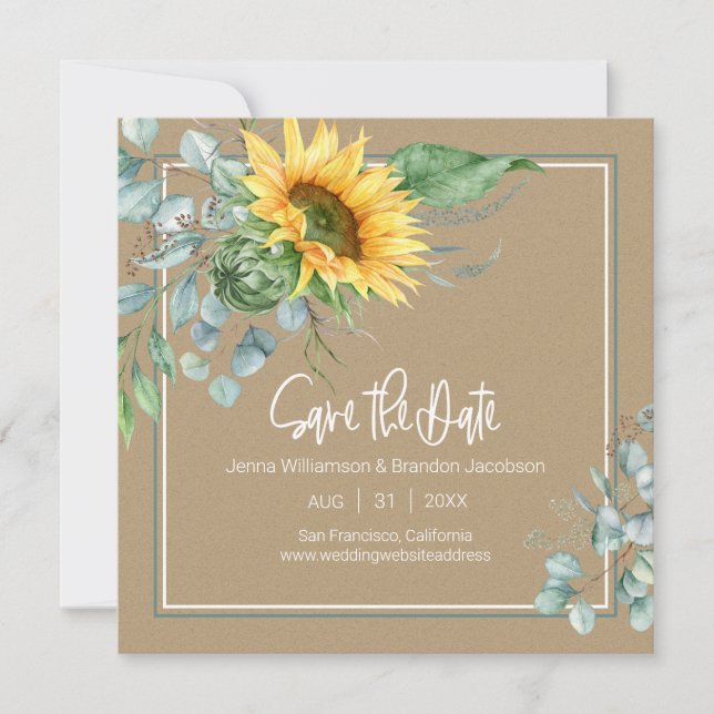 Fall Kraft Papier Sonnenblume Eukalyptus Save The Date (Vorderseite)