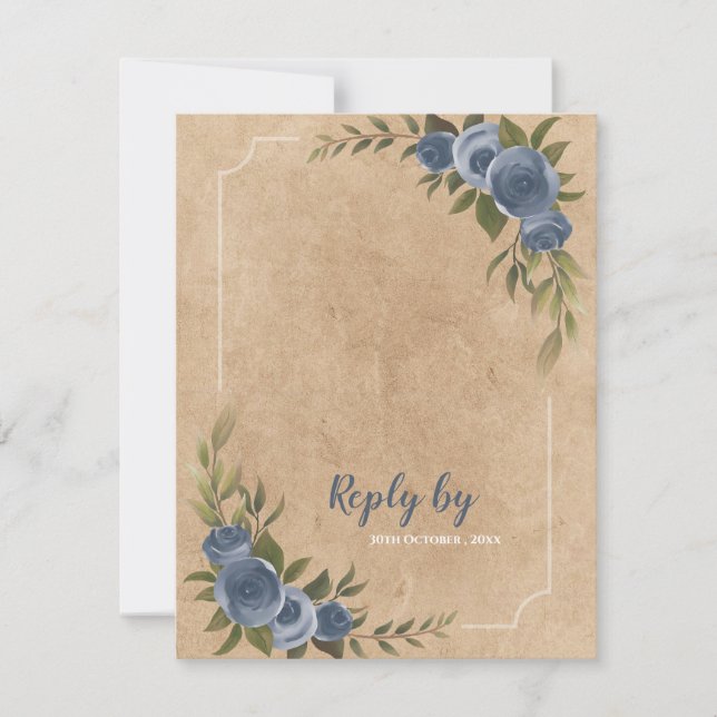 Fall Kraft Style Rustic Blue Floral Wedding RSVP Karte (Vorderseite)