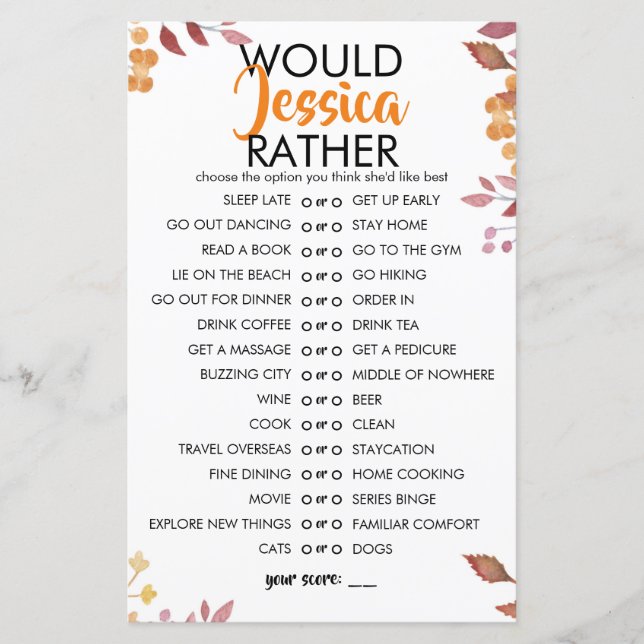 Fall Leaves Customisable Would She Rather Game (Vorderseite)