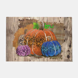 Fall Leopard Print Autumn Pumpkins On Plaid Fußmatte