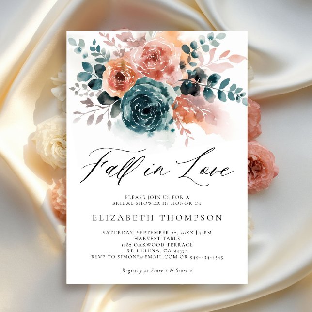 Fall Liebe Aquamarin Burnt Orange Brautparty Einladung (fall in love bridal shower invitation burnt orange teal watercolor roses elegant classy backyard)