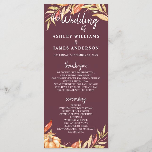Fall Liebe Golden Foliage Burgundy Hochzeitsprogra Programm (Vorderseite)