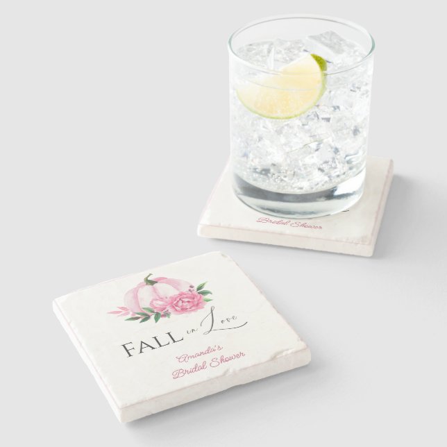 Fall Liebe Rosa Kürbis Rustikales Brautparty Steinuntersetzer (Seitenansicht)