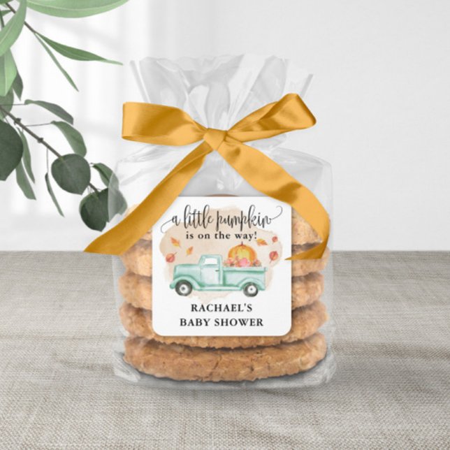 Fall Little Pumpkin Farm Truck Baby Dusche Quadratischer Aufkleber (Great stickers to elevate your party favors.)
