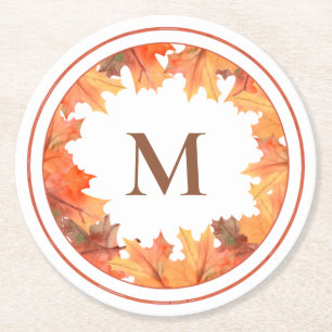 Fall Maple-Blätter Monogramm Runder Pappuntersetzer