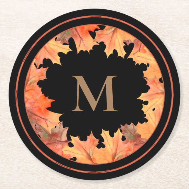 Fall Maple Blätter Monogramm Schwarz Runder Pappuntersetzer (Vorderseite)