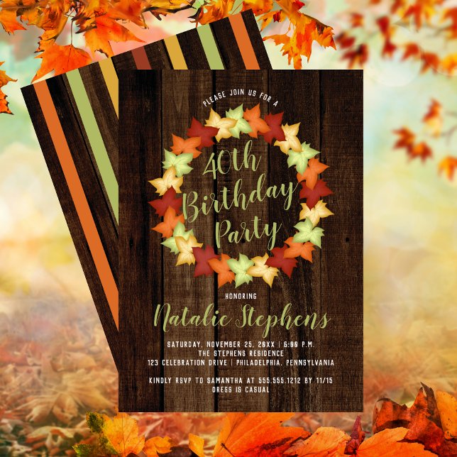Fall Maple Blätter Wreath Imitate Wood Birthday Pa Einladung (Fall Maple Leaves Wreath Faux Wood 40th Birthday Party Invitation)