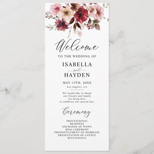 Fall Maroon Blush Boho Floral Wedding Flat Program Programm (Vorderseite)