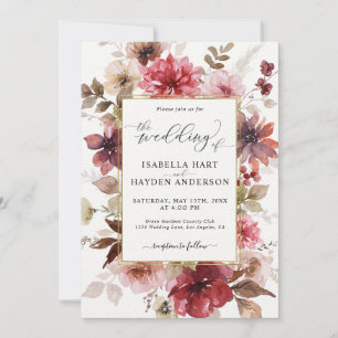 Fall Maroon Blush Gold All in 1 QR Code Hochzeit Einladung