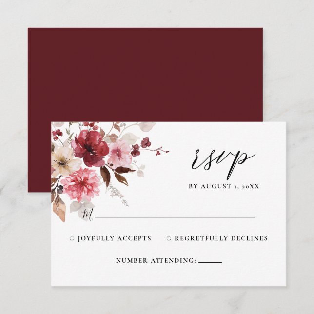 Fall Maroon Blush Rustic Floral Wedding RSVP Karte (Vorne/Hinten)