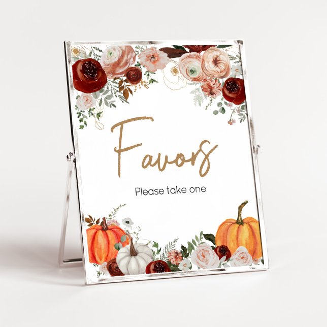 Fall Marsala Burgundy Floral Pumpkin Favoriten Poster (Fall Floral Pumpkin Baby Shower Favors Sign)