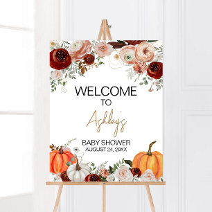 Fall Marsala Burgundy Floral Pumpkin Willkommen Poster