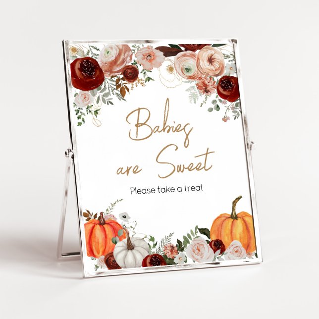 Fall Marsala Burgundy Pumpkin Babies sind süß Poster (Fall Floral Pumpkin Baby Shower Babies are Sweet Sign)