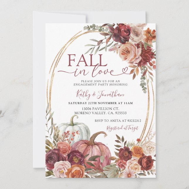 Fall Marsala Floral Pumpkin Gold Engagement Party Einladung (Vorderseite)