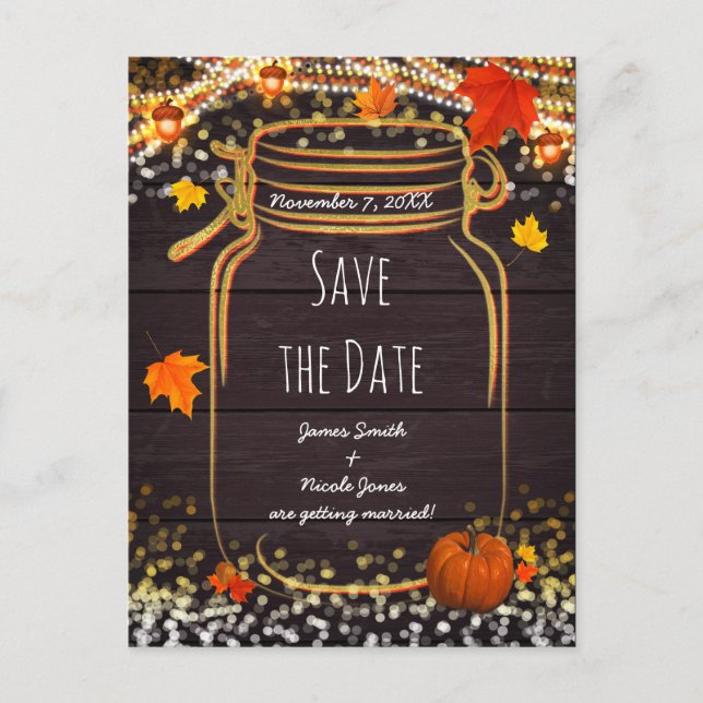 Fall Mason Jar Rustikaler Herbst Save the Date Ankündigungspostkarte (Vorderseite)