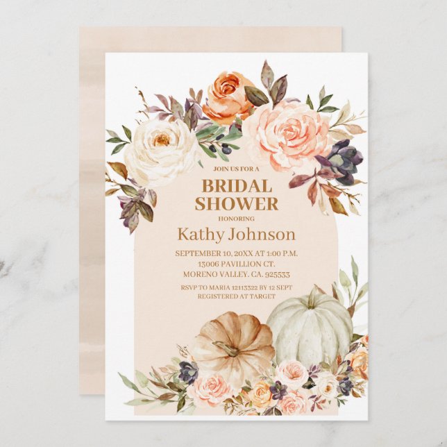 Fall Modern Arch Pumpkin Floral Brautparty Einladung (Vorne/Hinten)