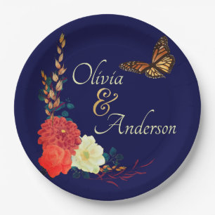 Fall Monarch Butterfly Bläsernavy Blauer Hochzeit Pappteller