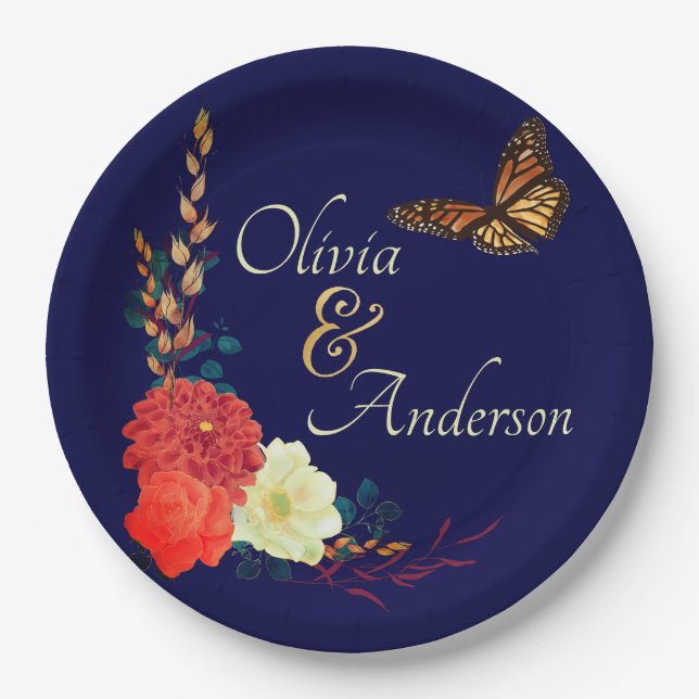 Fall Monarch Butterfly Bläsernavy Blauer Hochzeit Pappteller (Vorderseite)
