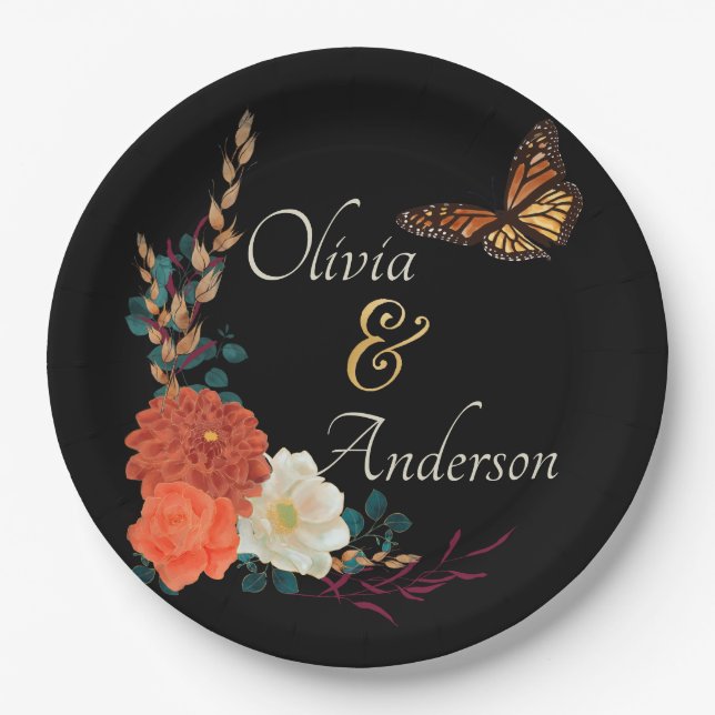 Fall Monarch Butterfly Schwarze Hochzeit Pappteller (Vorderseite)