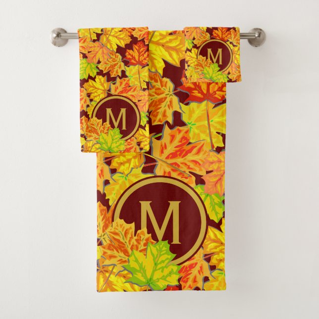 Fall-Monogramm-Ahorn verlässt Herbst-Laub-Muster Badhandtuch Set (Insitu)