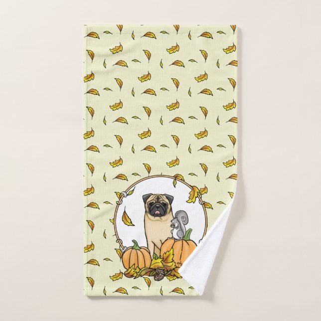 Fall Mops Hund (fawn) Pumpkins Blätter Niedlich Badhandtuch Set (Handtuch)