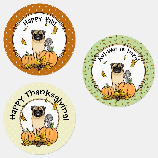 Fall Mops Hund (fawn) Pumpkins Blätter Niedlich Etiketten (Gruppe)