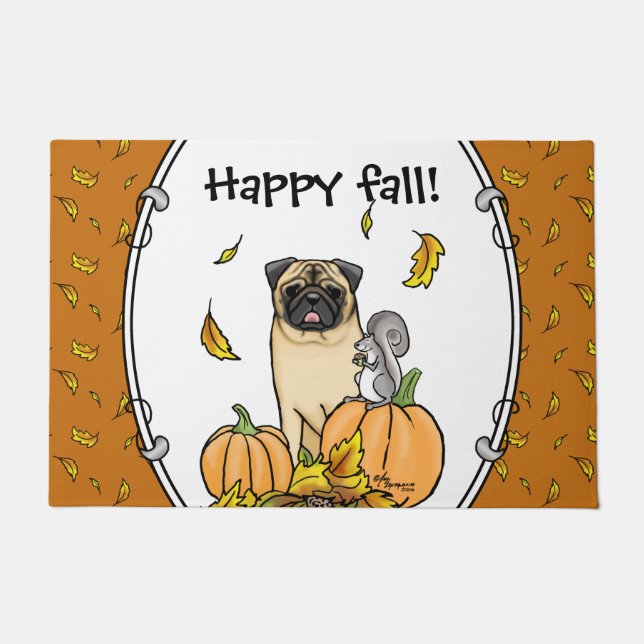 Fall Mops Hund (fawn) Pumpkins Blätter Niedlich Fußmatte (Vorderseite)
