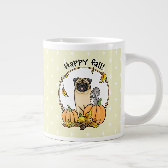 Fall Mops Hund (fawn) Pumpkins Blätter Niedlich Jumbo-Tasse (Rechts)