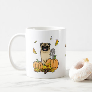 Fall Mops Hund (fawn) Pumpkins Blätter Niedlich Kaffeetasse