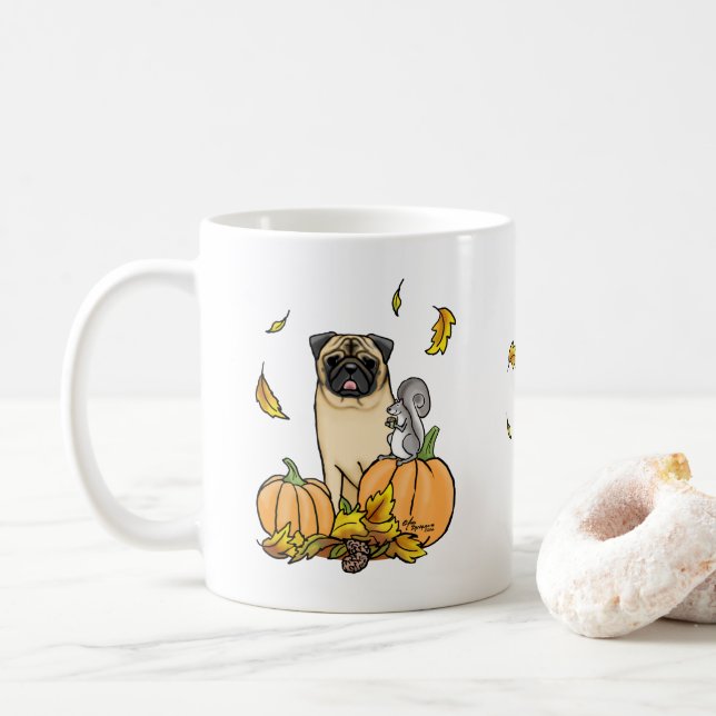 Fall Mops Hund (fawn) Pumpkins Blätter Niedlich Kaffeetasse (Mit Donut)
