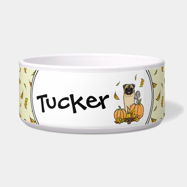 Fall Mops Hund (fawn) Pumpkins Blätter Niedlich Napf (Vorderseite)