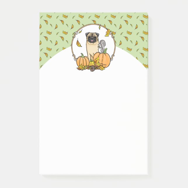 Fall Mops Hund (fawn) Pumpkins Blätter Niedlich Post-it Klebezettel (Vorderseite)