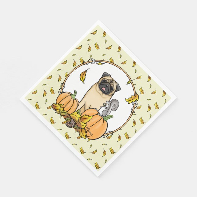Fall Mops Hund (fawn) Pumpkins Blätter Niedlich Serviette (Ecke)