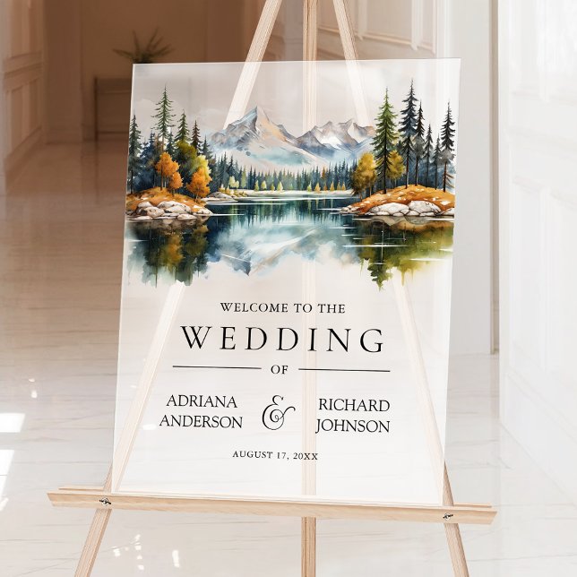 Fall Mountain Forest Lake Wedding Welcome Acrylschild (Von Creator hochgeladen)
