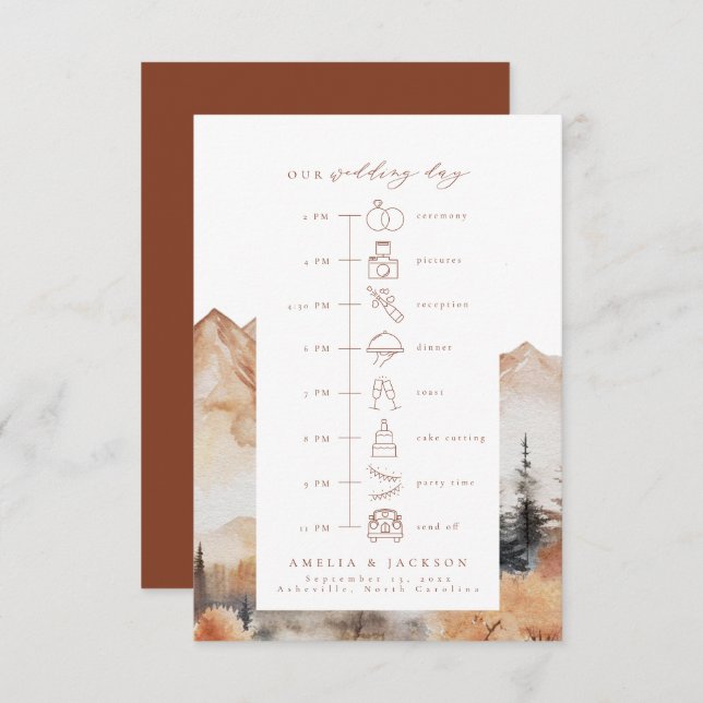 Fall Mountain Wedding Timeline mit Symbolen Begleitkarte (Vorne/Hinten)