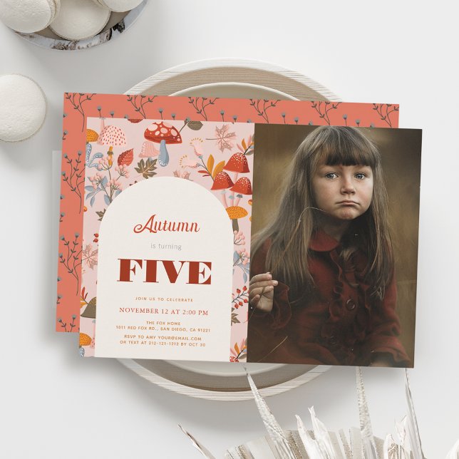 Fall Mushroom Wildflower Birthday Pink Photo Einladung (Von Creator hochgeladen)