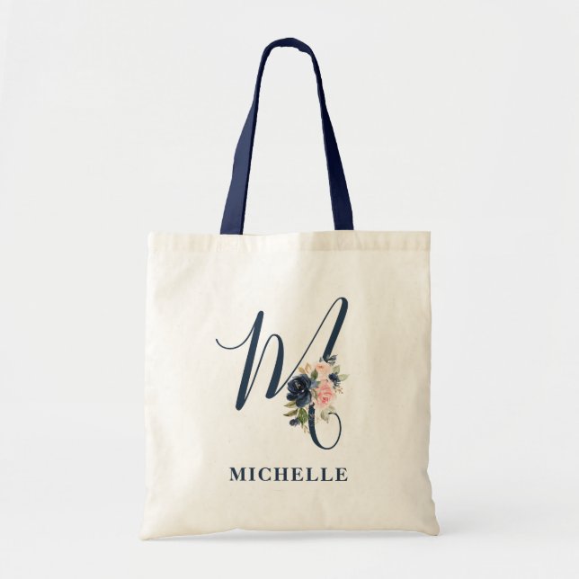 Fall Navy Floral Monogram Tragetasche (Vorne)