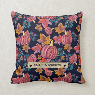Fall Navy Pumpkin Blätter Wasserfarben Monogram Kissen