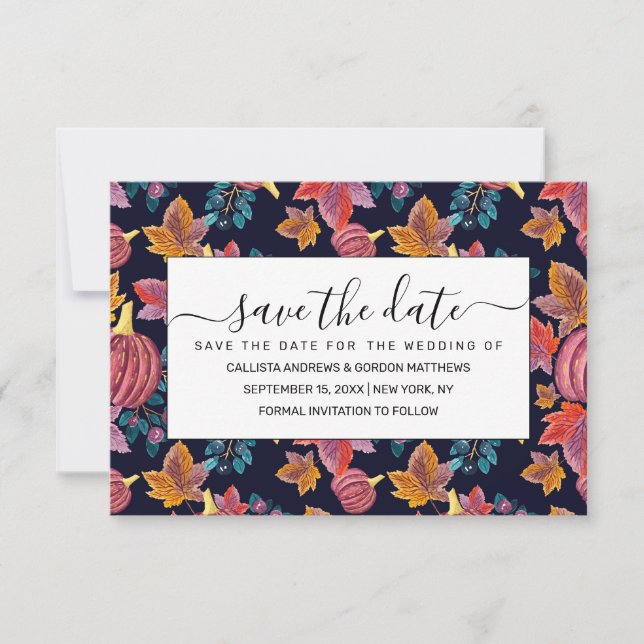 Fall Navy Pumpkin Blätter Wasserfarbmuster Save The Date (Vorderseite)