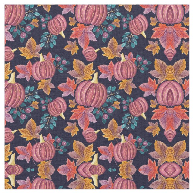 Fall Navy Pumpkin Blätter Wasserfarbmuster Stoff (Nahaufnahme)