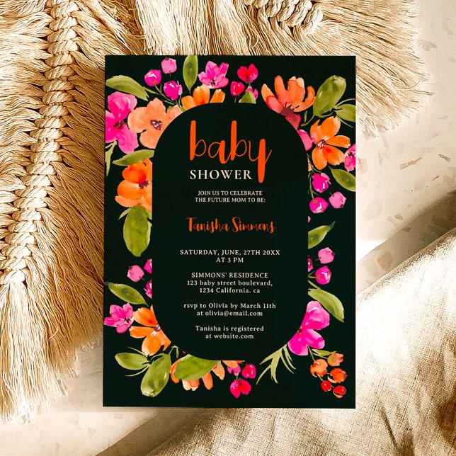 Fall neutral orange pink floral script baby shower einladung (Fall boho pink orange floral script baby shower invitation on dark)